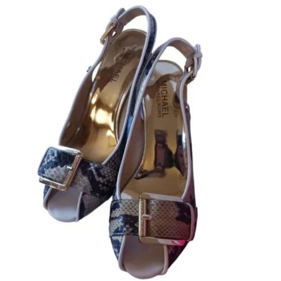 Michael Kors Niki Snake Leather Open Toe Buckle Platform Slingback Heels… - Picture 3 of 13